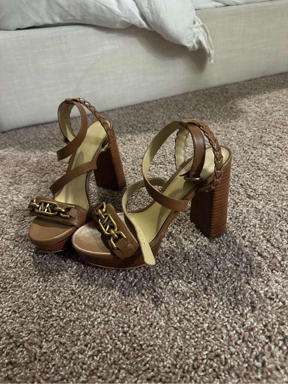Michael Kors Tan Brown Block Heel Sandals with Gold Chain